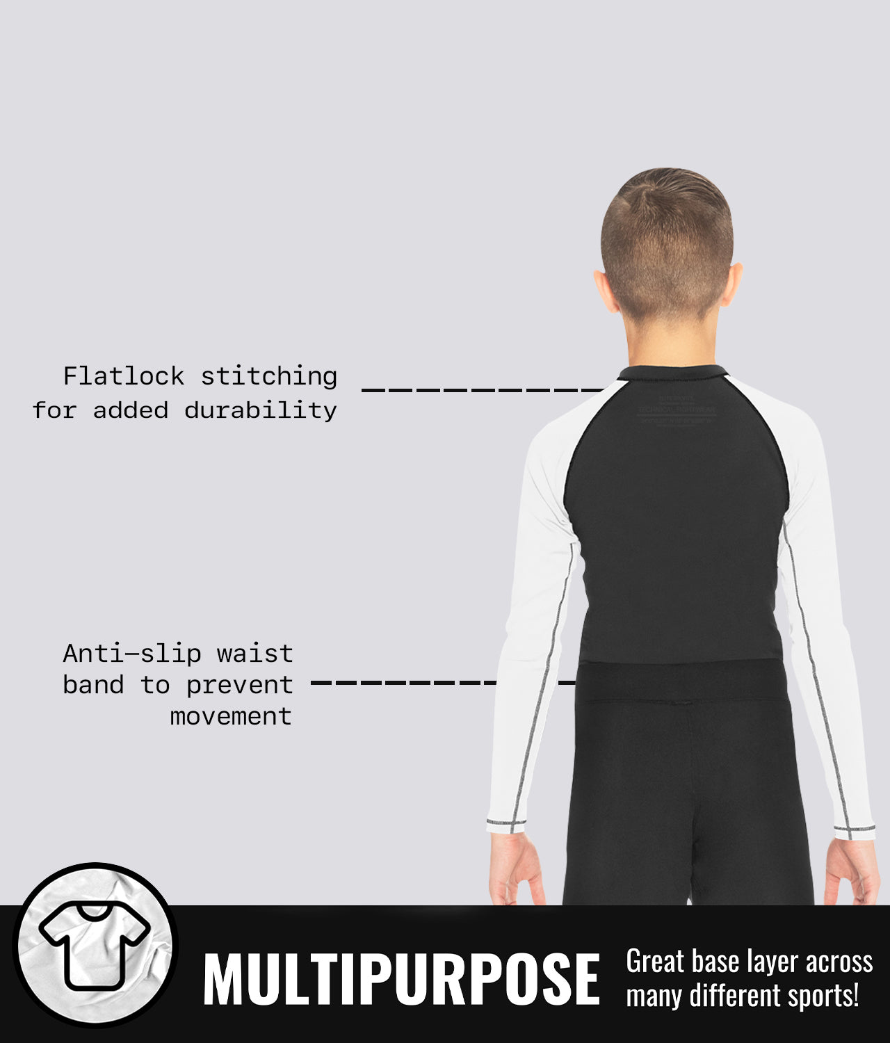 Elite Sports Kids' Standard White Long Sleeve BJJ Rash Guard Multipurpose