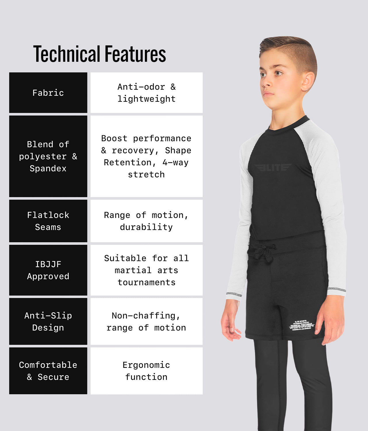 Elite Sports Kids' Standard White Long Sleeve BJJ Rash Guard Technical Features