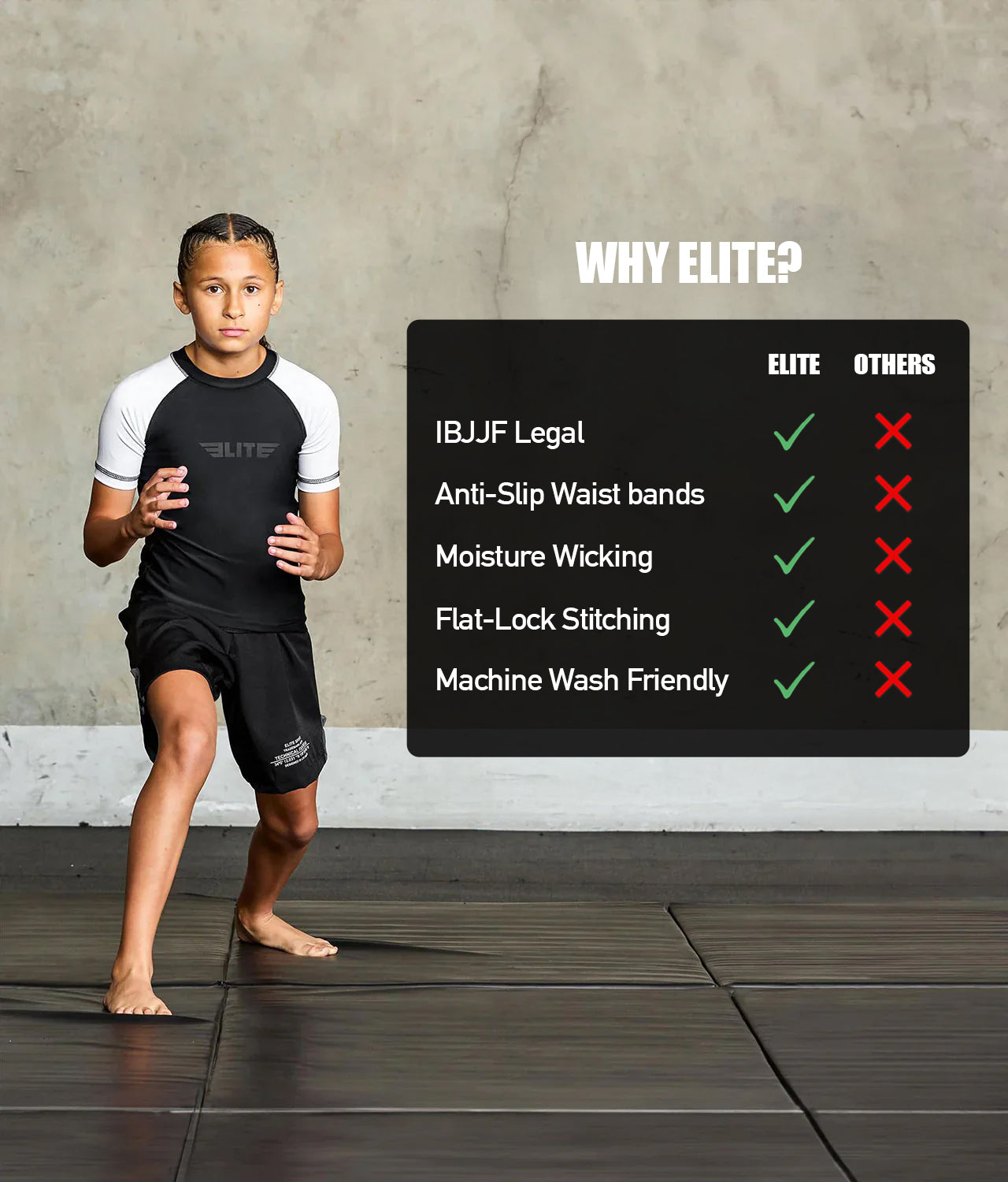 elitesports standard white short sleeve girls bjj rashguard technical features