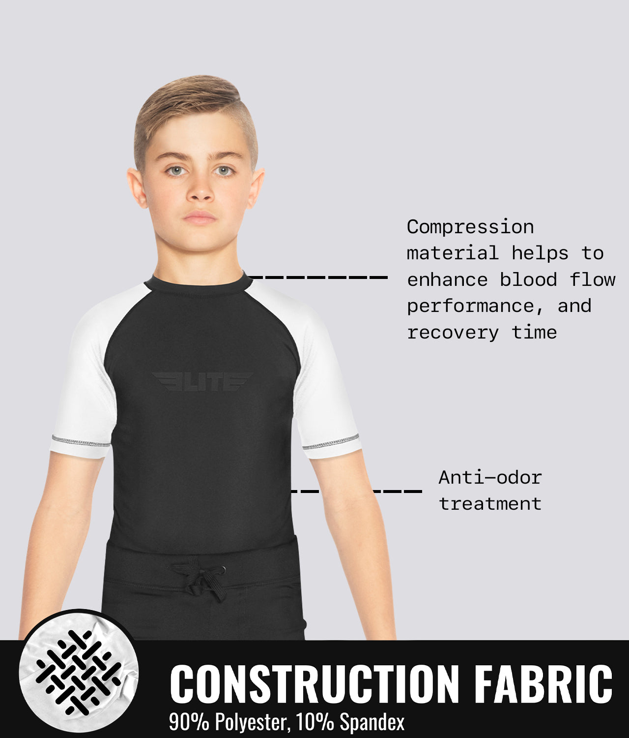 Elite Sports Kids' Standard White Short Sleeve BJJ Rash Guard Construction Fabric