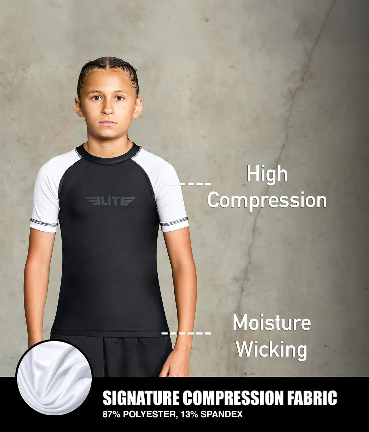 elitesports standard white short sleeve youth bjj rash guard compression fabric