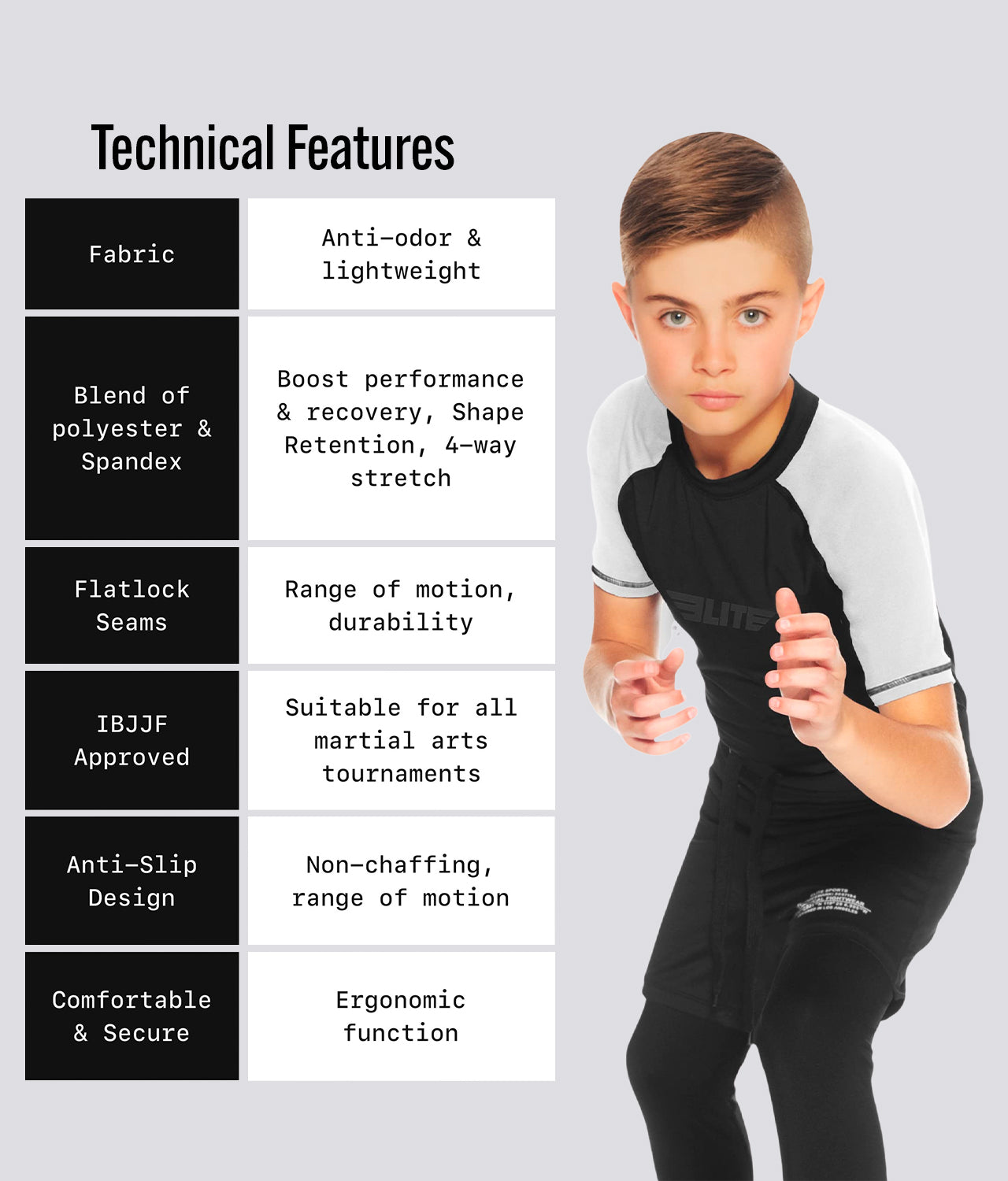 Elite Sports Kids' Standard White Short Sleeve BJJ Rash Guard Technical Features