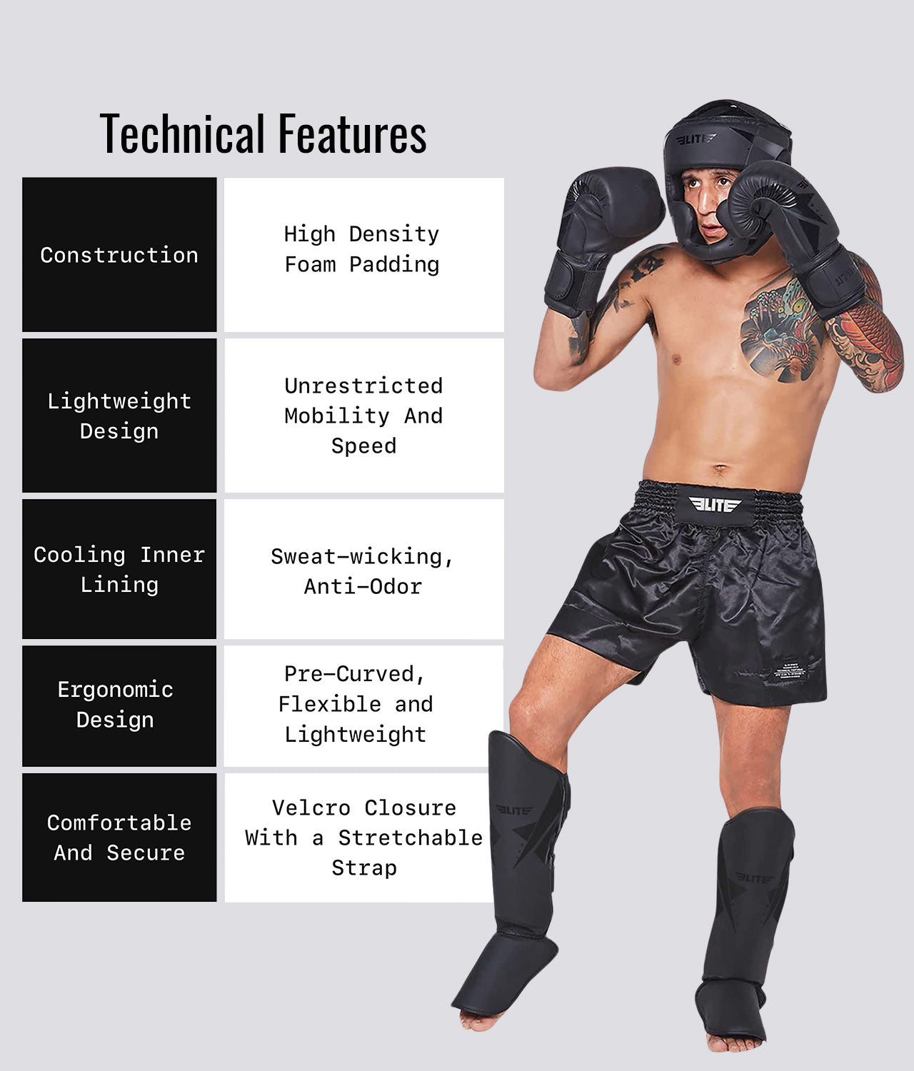 Elite Sports Adults' Star Black Wrestling Shin Guards Technical Features