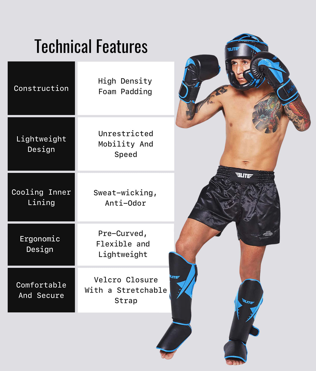 Elite Sports Adults' Star Blue Wrestling Shin Guards Technical Features