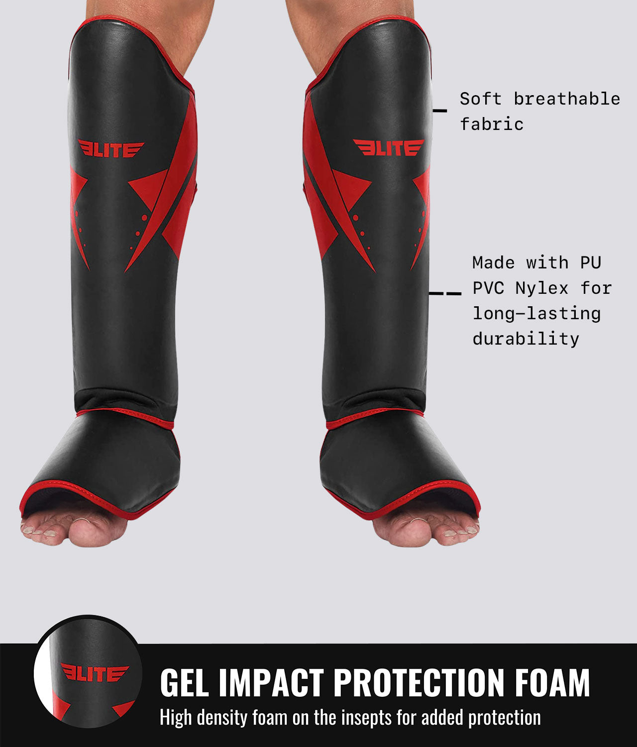 Elite Sports Adults' Star Red Training Shin Guards Gel Impact Protection Foam