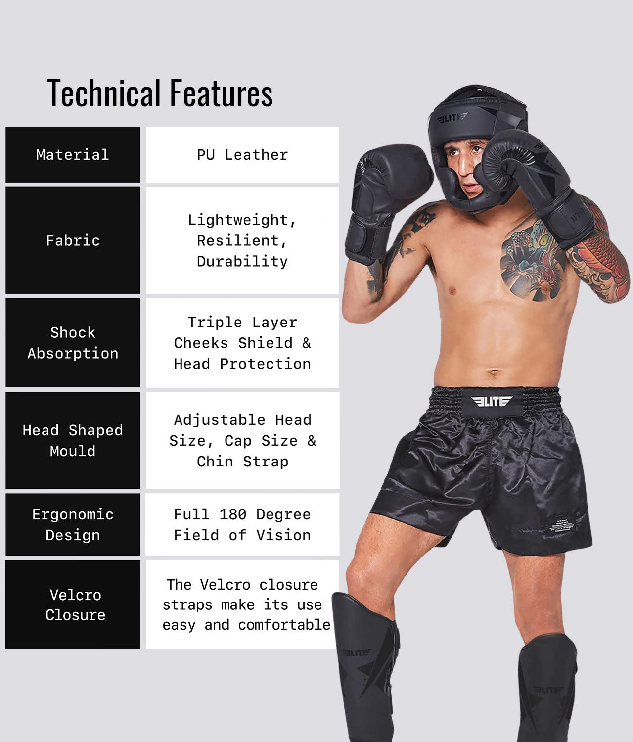 Elite Sports Adults' Star Sparring Black/Black Muay Thai Headgear Technical Features