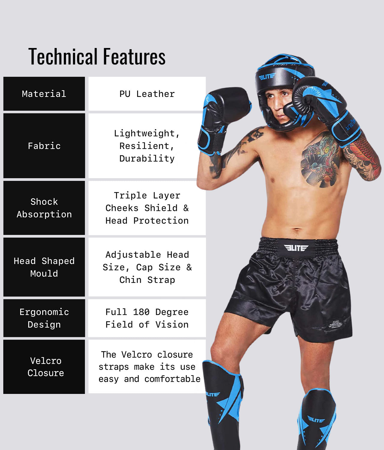 Elite Sports Adults' Star Sparring Black/Blue Muay Thai Headgear Technical Features