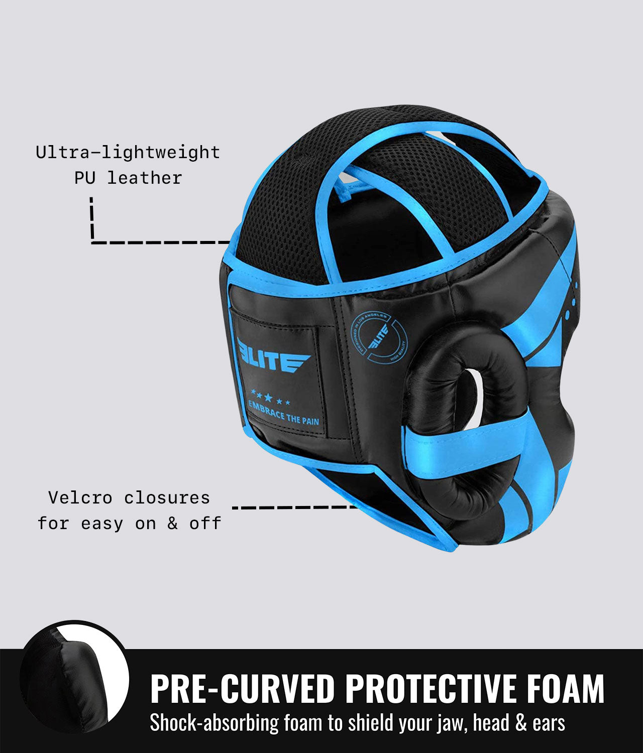 Elite Sports Adults' Star Sparring Black/Blue Muay Thai Headgear Pre-Curved Protective Foam