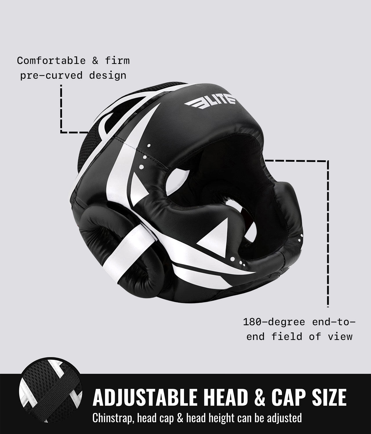 Elite Sports Adults' Star Sparring Black/White Muay Thai Headgear Adjustable Head & Cap Size