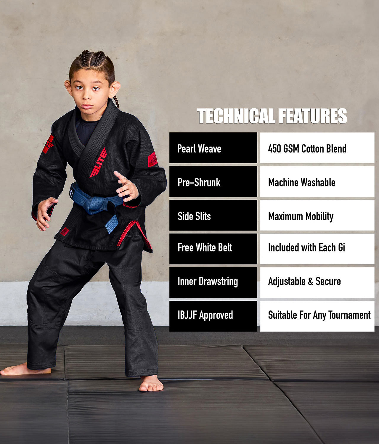 elite core black children bjj uniform technical features