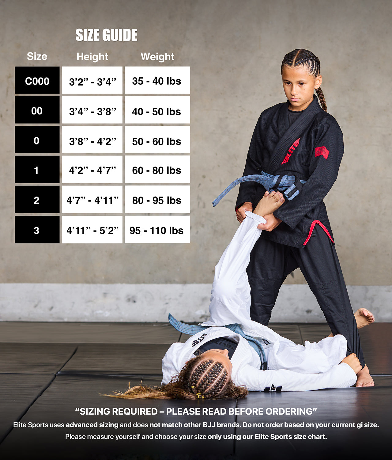 elite core black kids jiu jitsu gi size chart