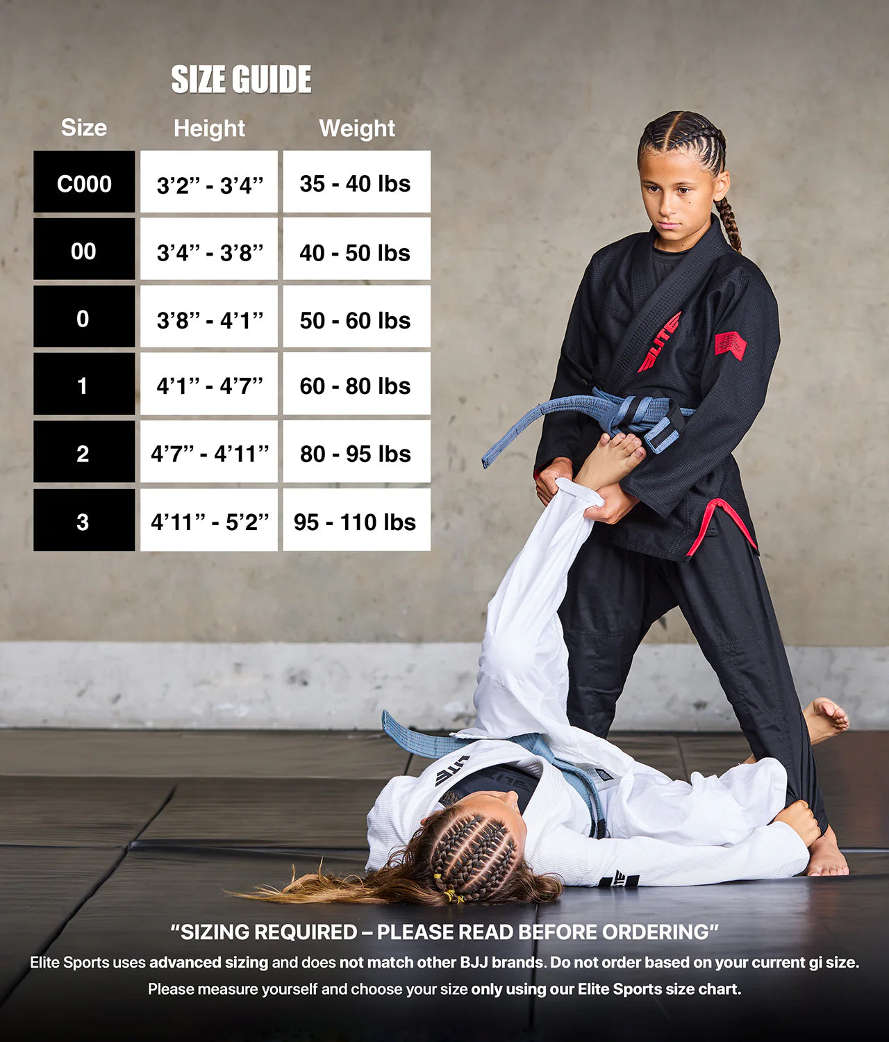 elite core black kids jiu jitsu gi size chart
