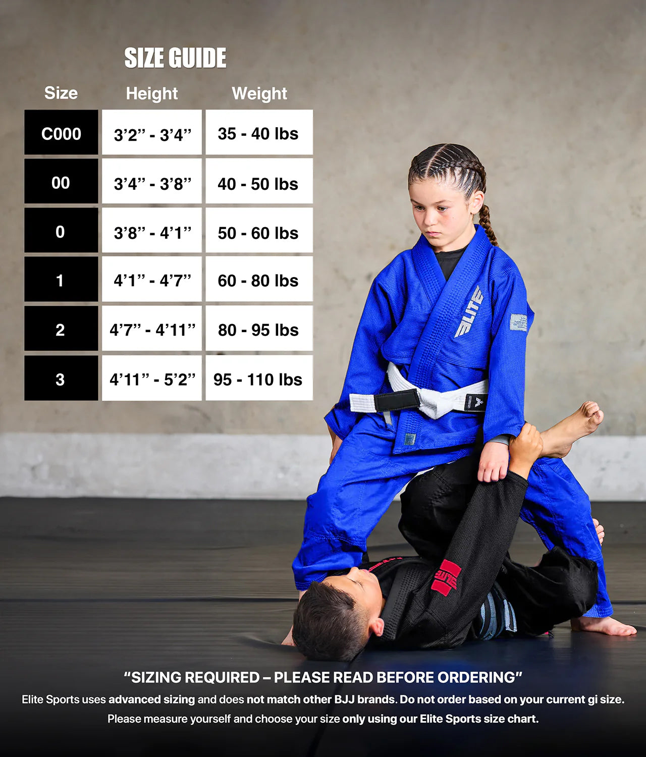 elite core blue kids jiu jitsu gi size chart