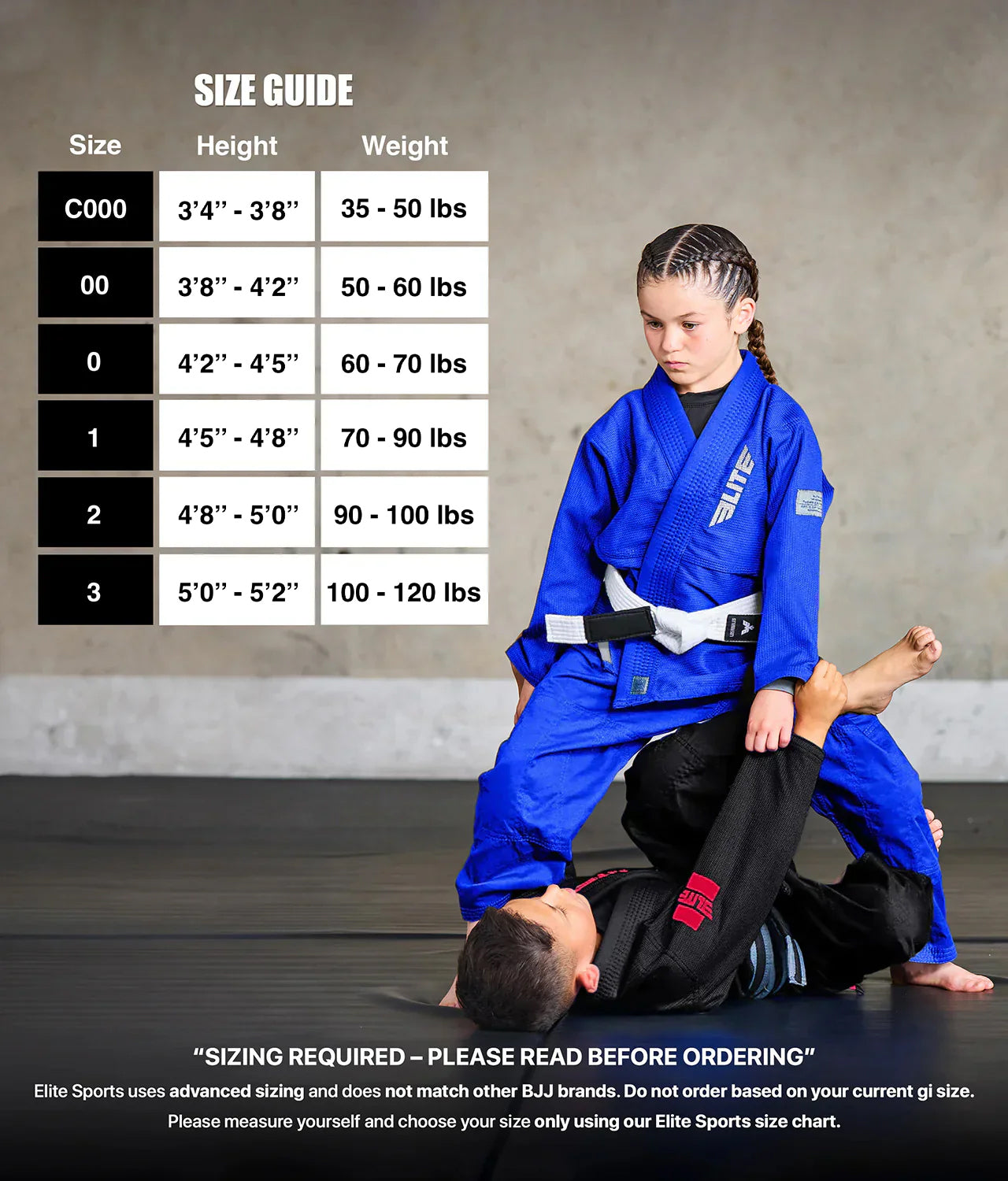 elite core blue kids jiu jitsu gi size chart