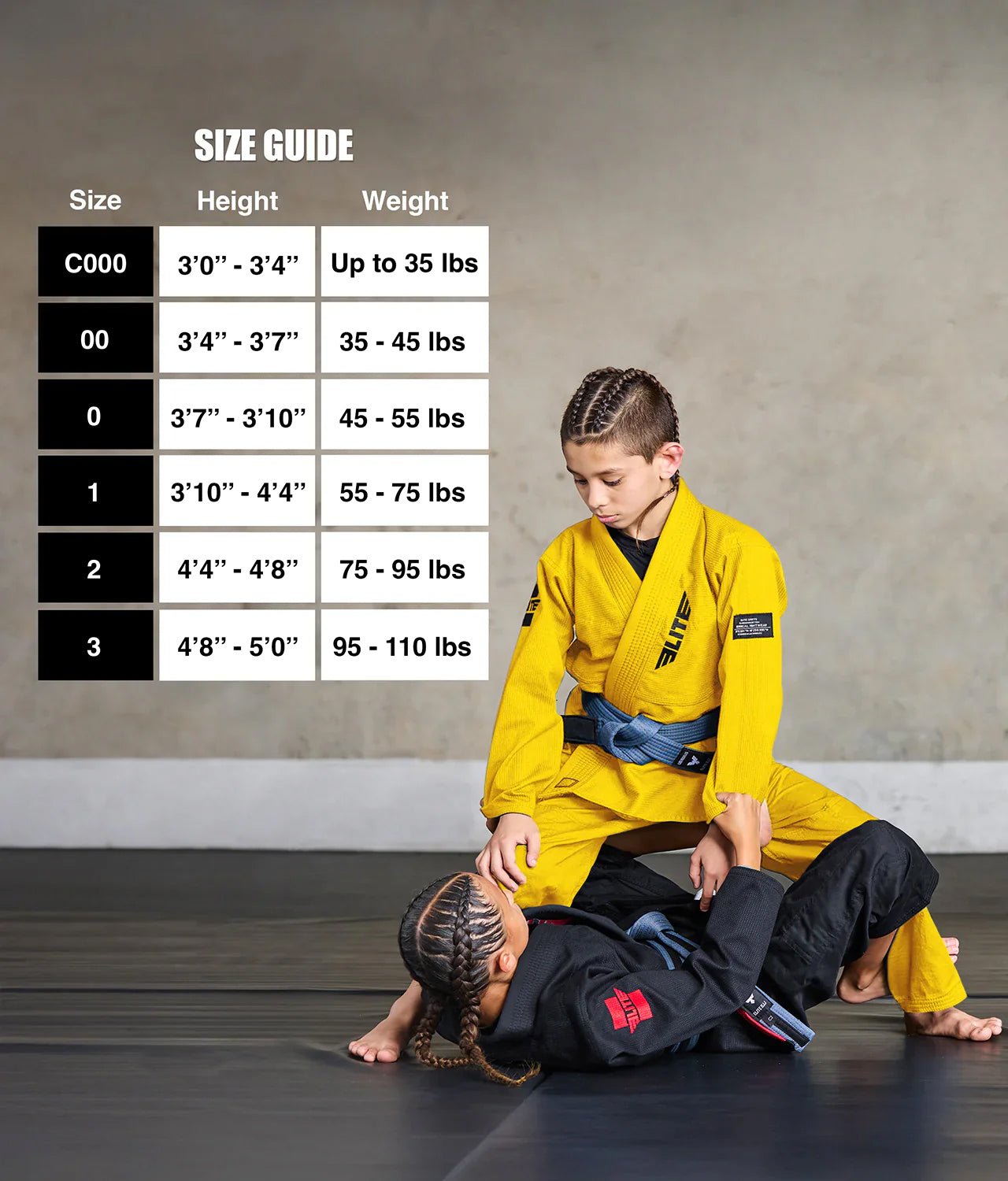 elite sports core yellow girls bjj gi size chart
