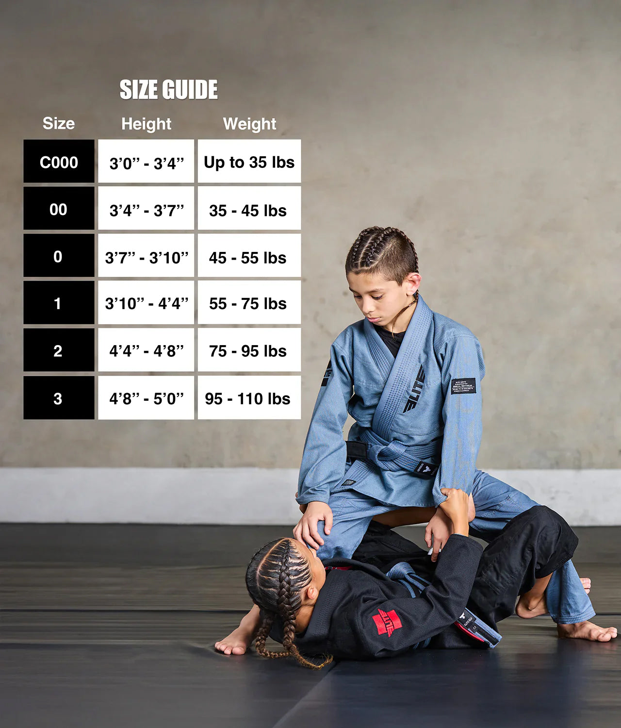 elite core gray girls bjj gi size chart