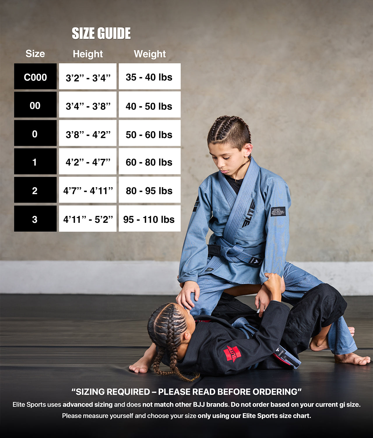 elite core gray girls bjj gi size chart