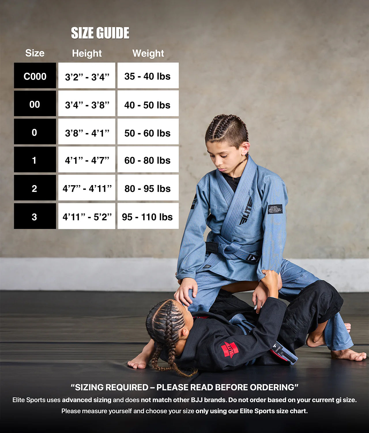 elite core gray girls bjj gi size chart