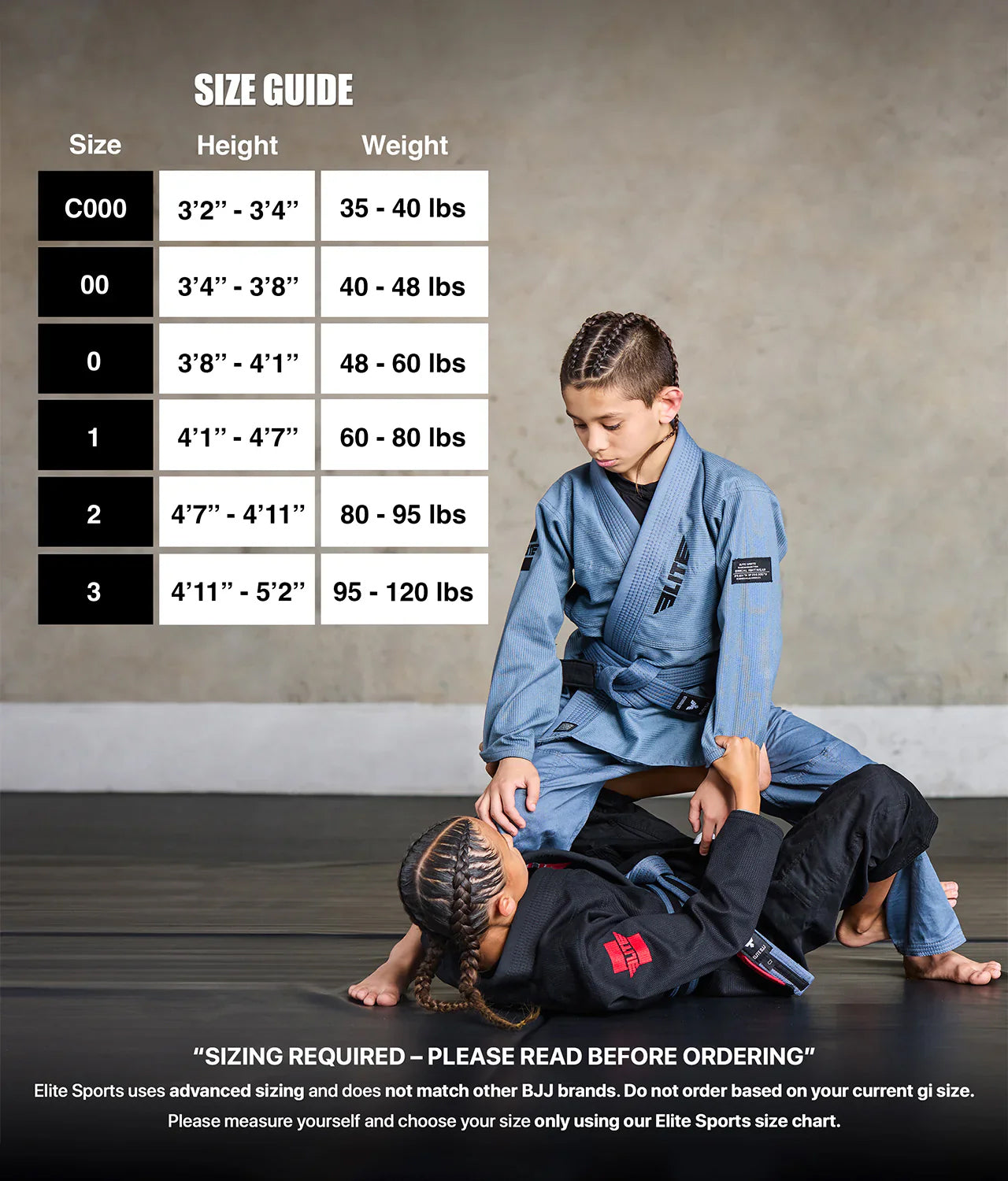elite core gray girls bjj gi size chart