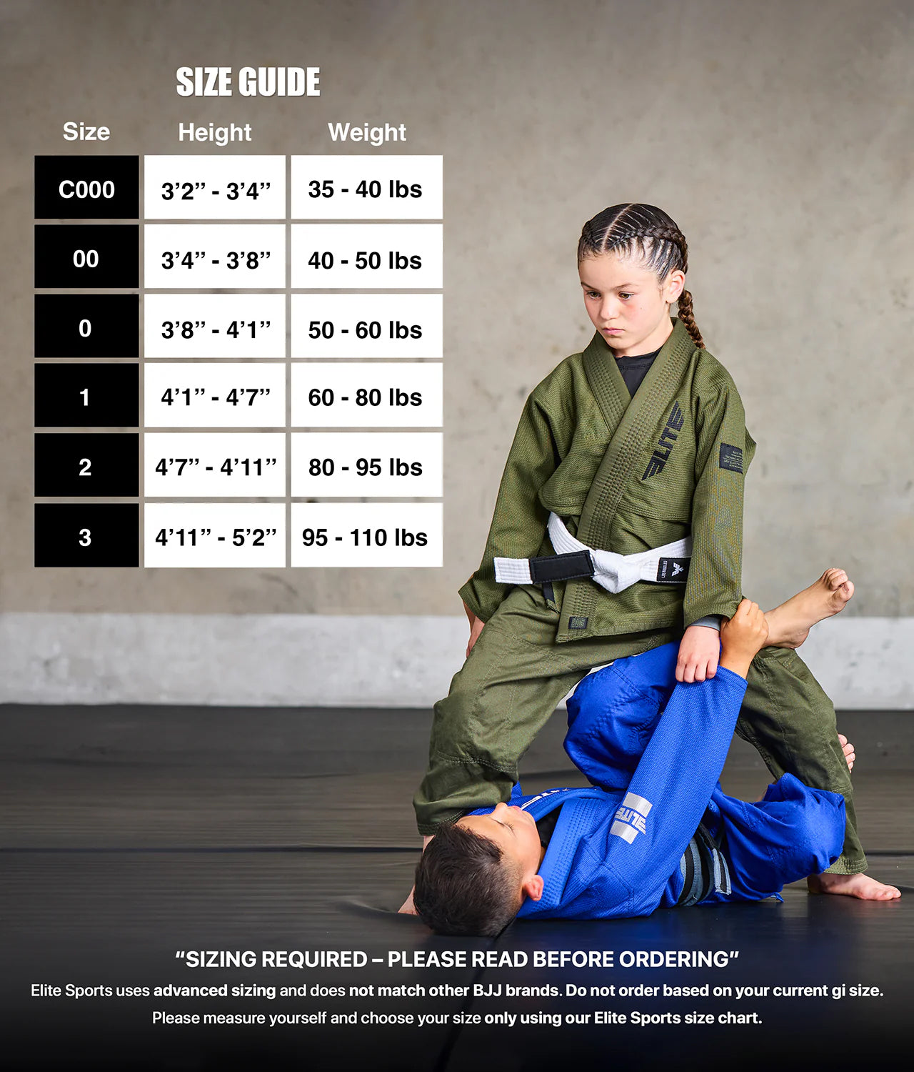 elite core green girls bjj gi size chart