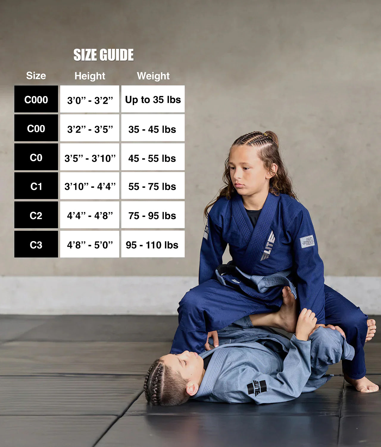 elite core navy girls bjj gi size chart