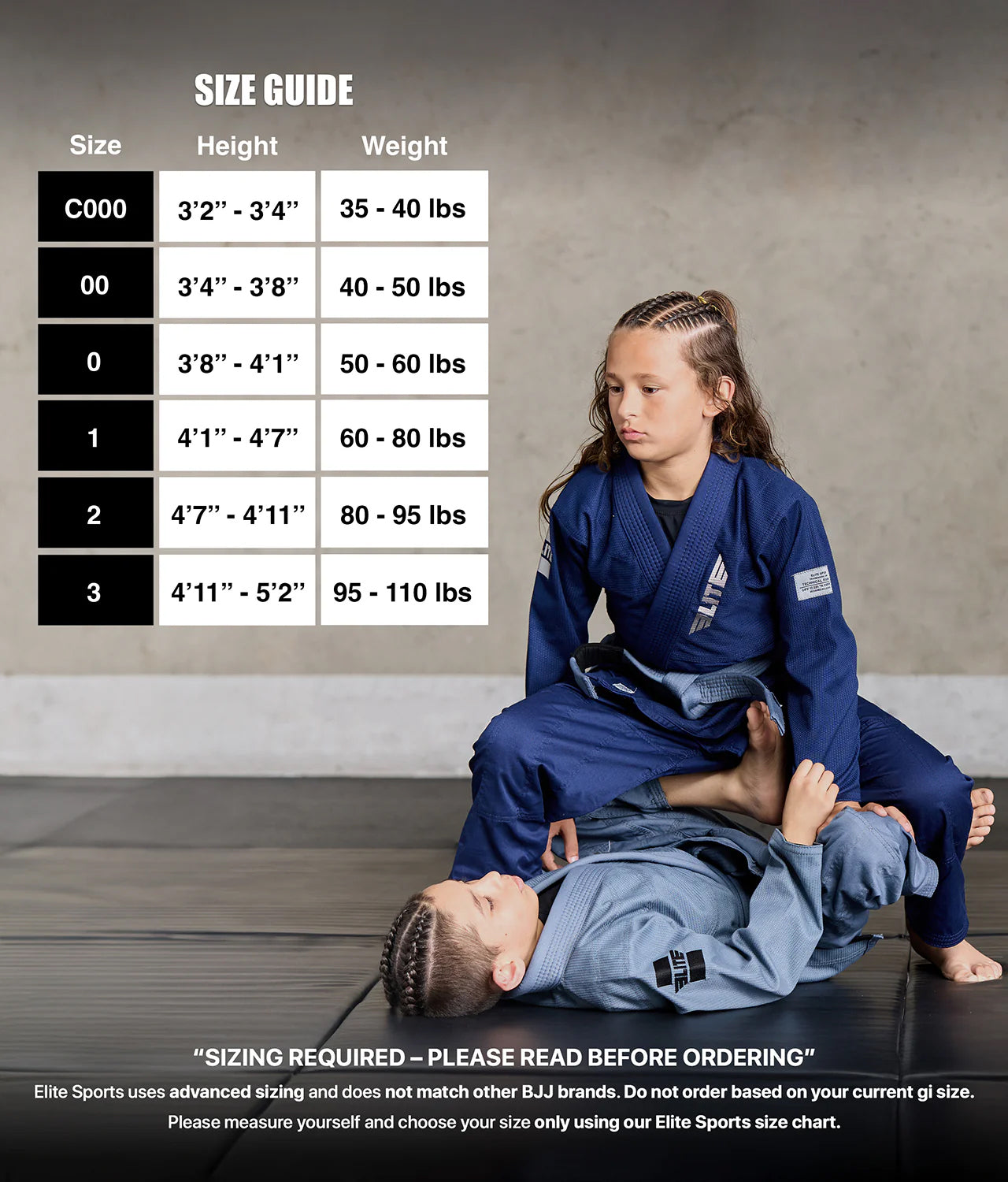 elite core navy girls bjj gi size chart