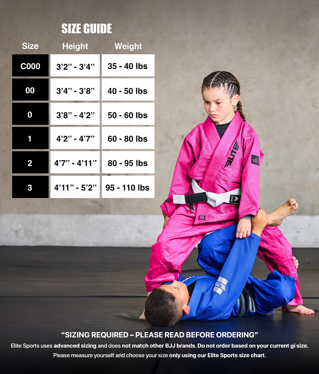 elite core pink girls bjj gi size chart