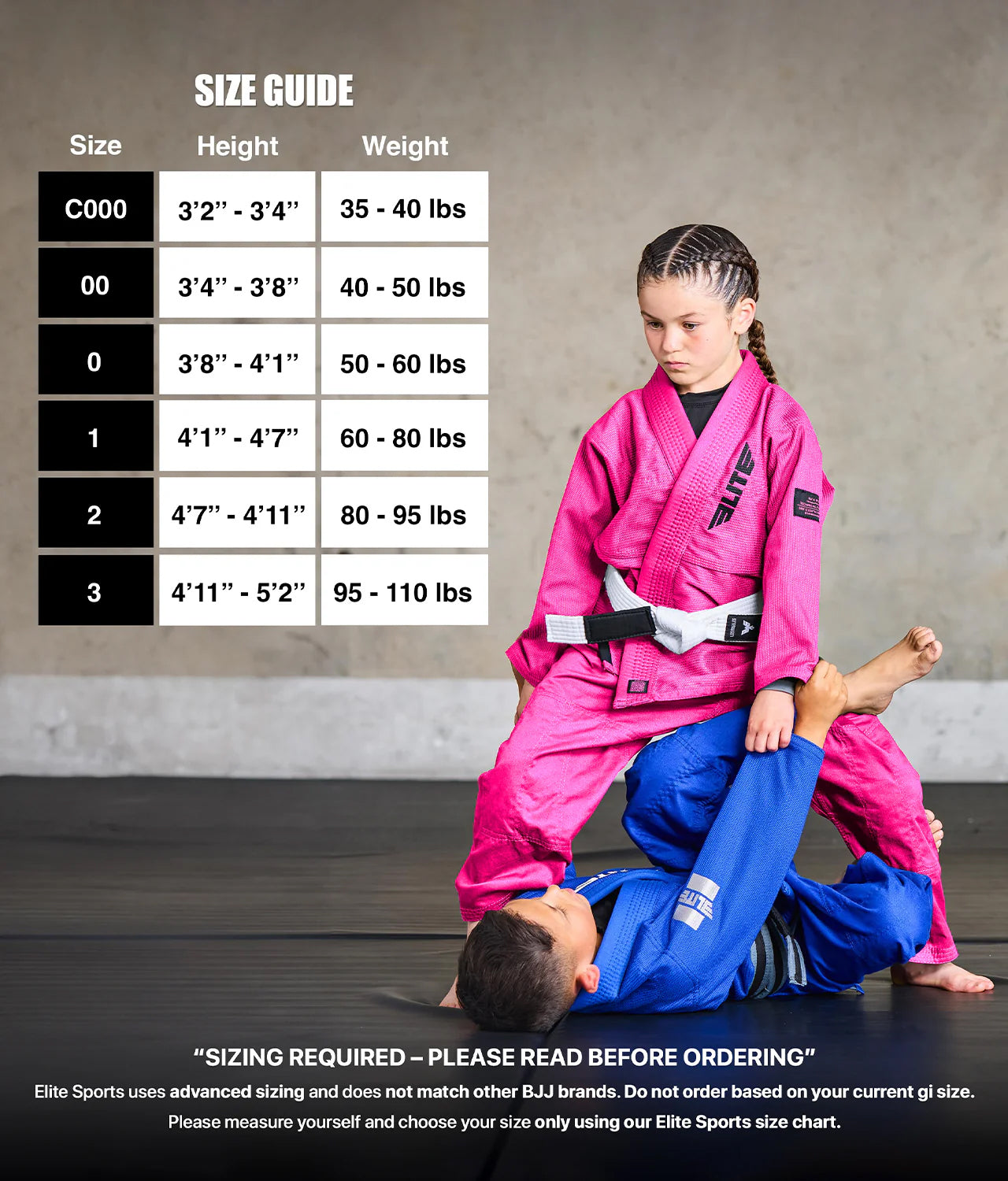 elite core pink girls bjj gi size chart