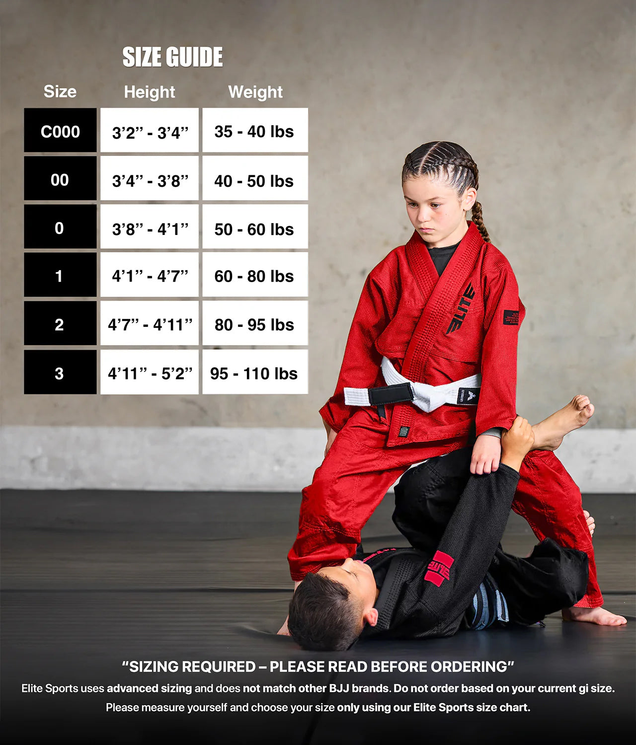 elite core red kids jiu jitsu gi size chart
