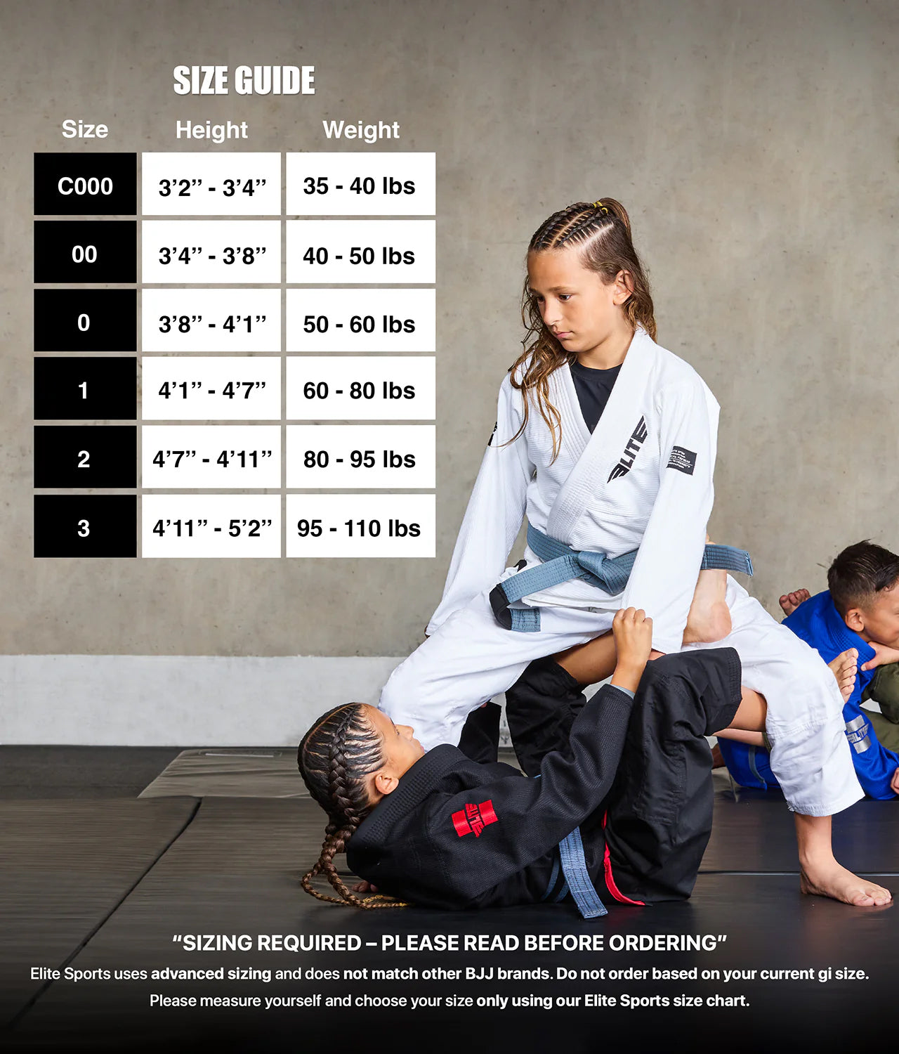 elite core white kids jiu jitsu gi size chart
