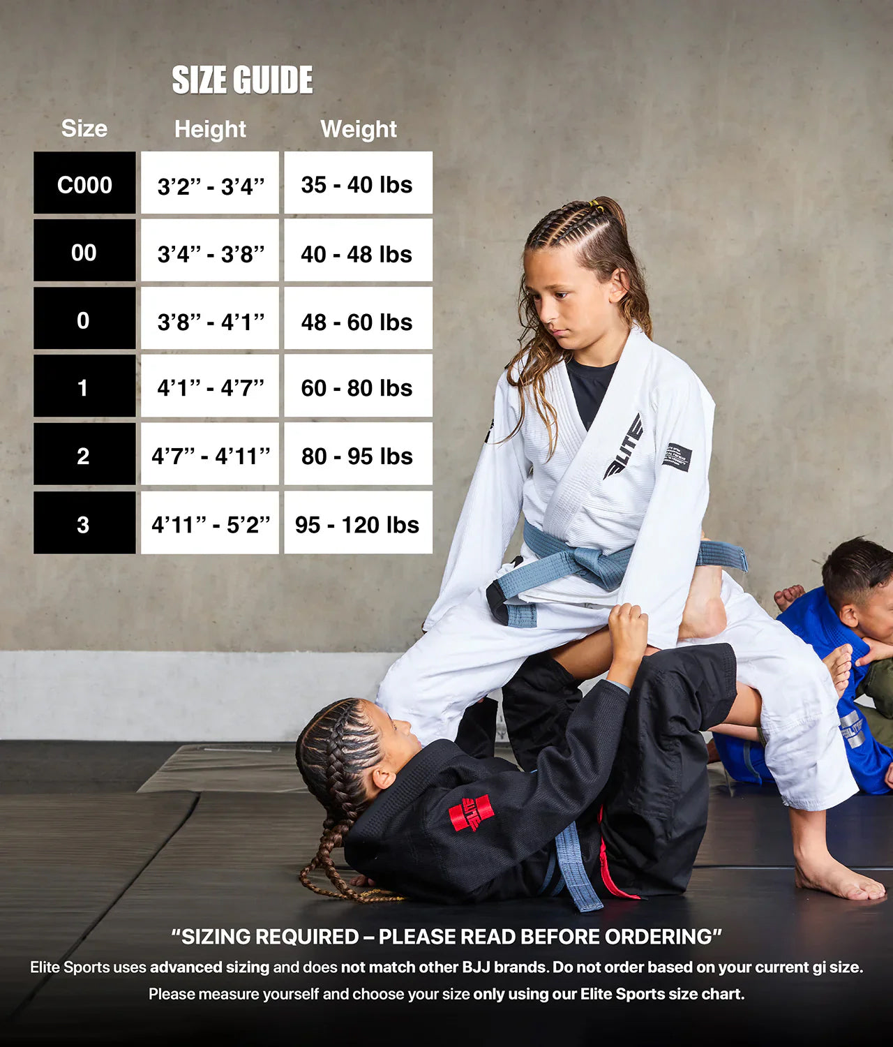 elite core white kids jiu jitsu gi size chart