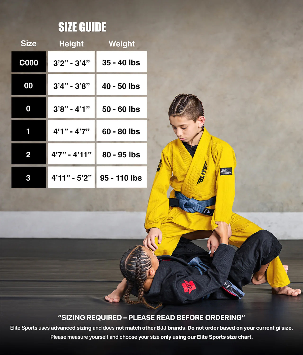 elite core yellow girls bjj gi size chart