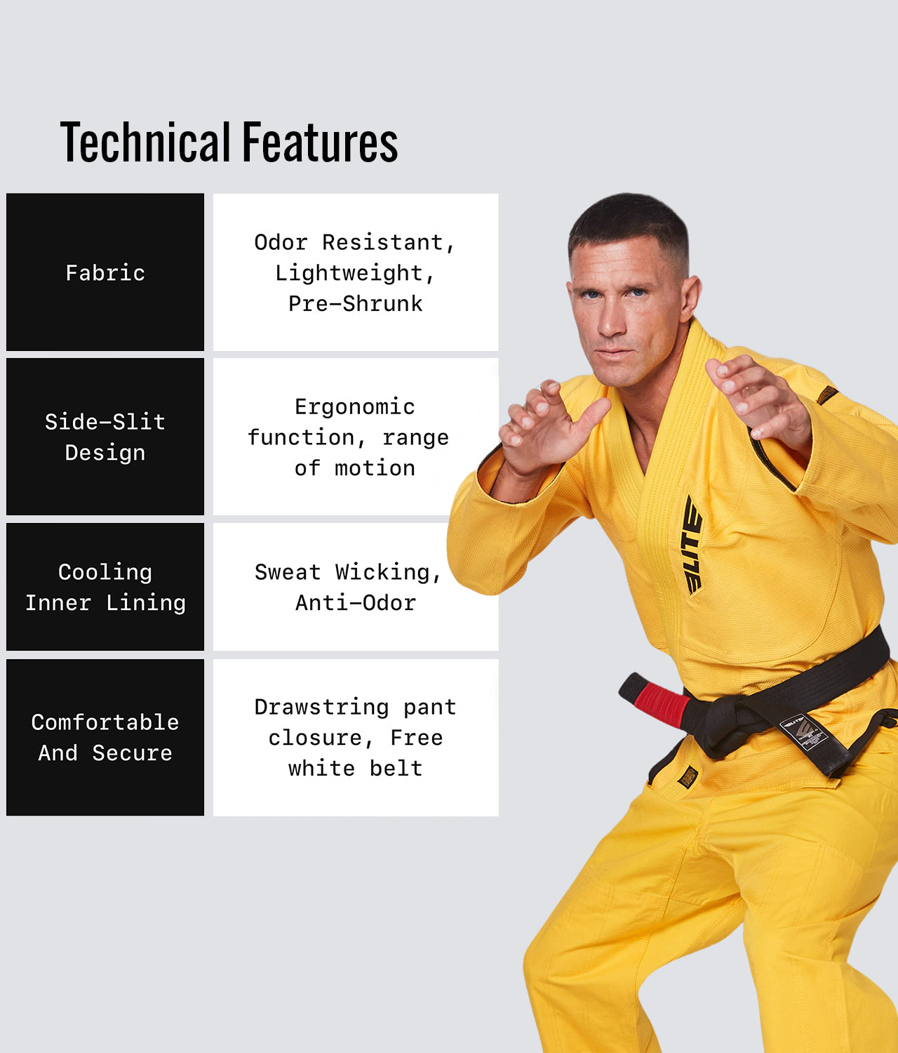 Elite Sports Men's Core Yellow Brazilian Jiu Jitsu BJJ Gi Technical Feature