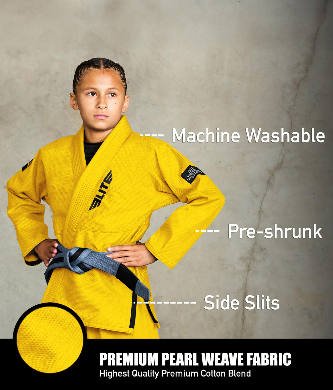 elite sports core yellow kids bjj kimono fabric