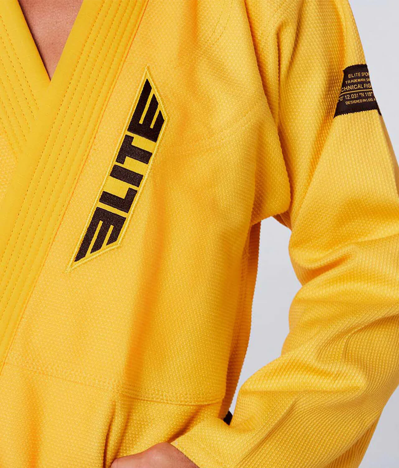 Elite Sports Kids' Core Yellow Brazilian Jiu Jitsu BJJ Gi Closeup View
