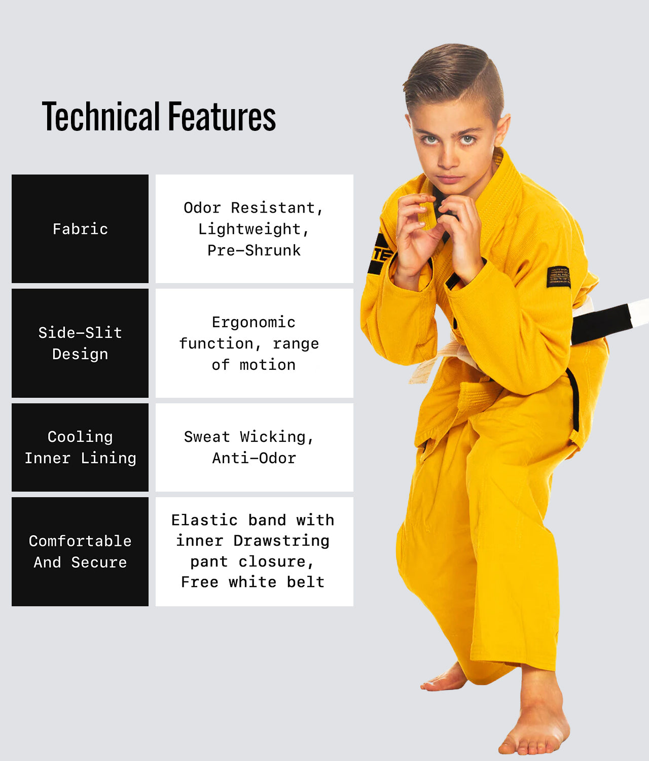 Elite Sports Kids' Core Yellow Brazilian Jiu Jitsu BJJ Gi Technical Feature