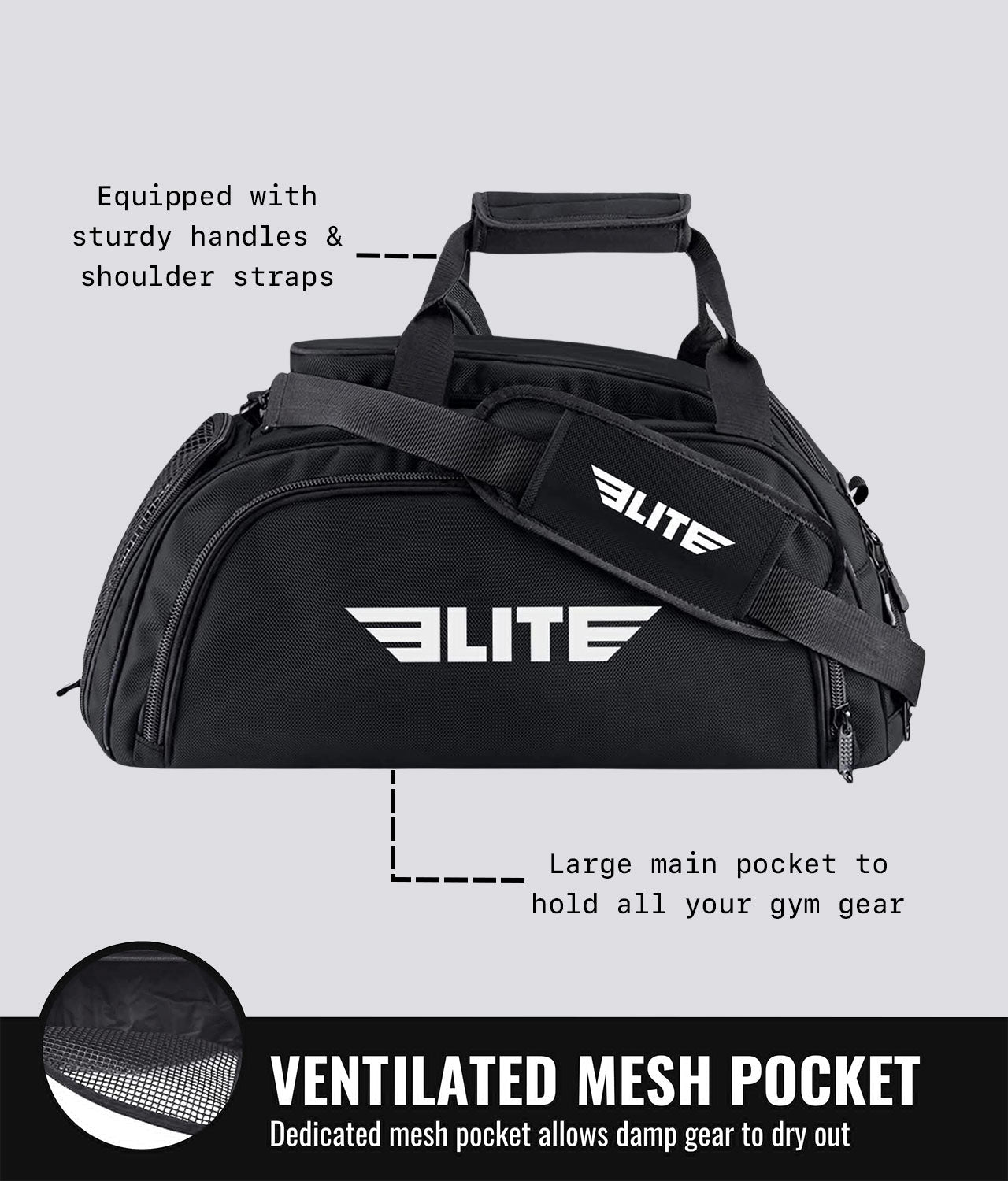 Elite Sports Warrior Black Large Duffel MMA Gear Gym Bag Vantilated Mesh Pocket
