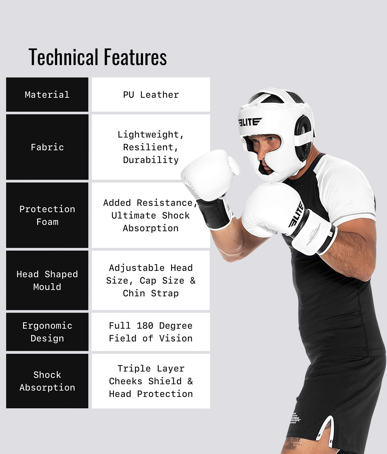 Elite Sports Adults' Essential White Boxing Headgear Technical Features