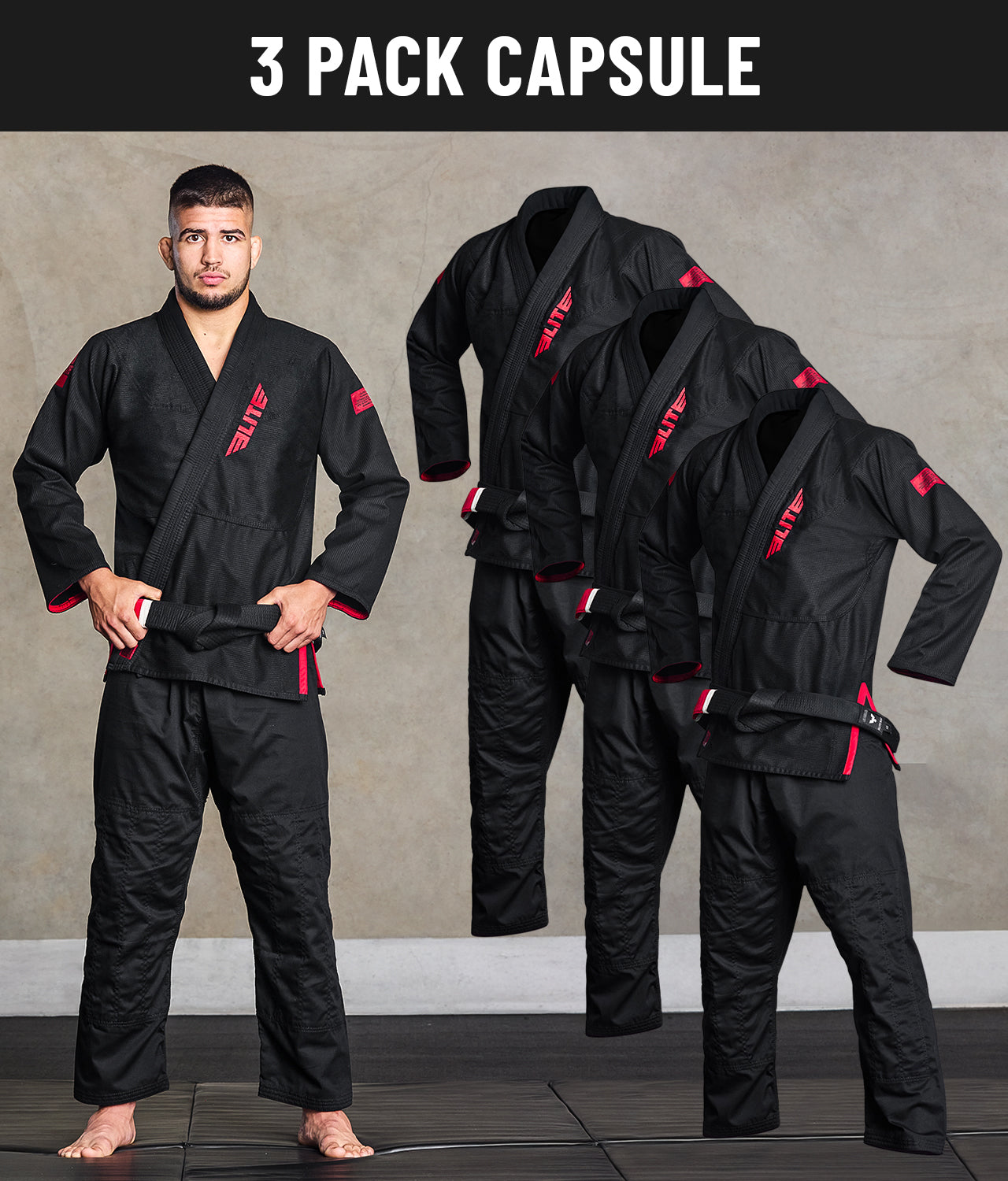 elitesports pack-of-3 core black brazilian jiu jitsu mens bjj gi