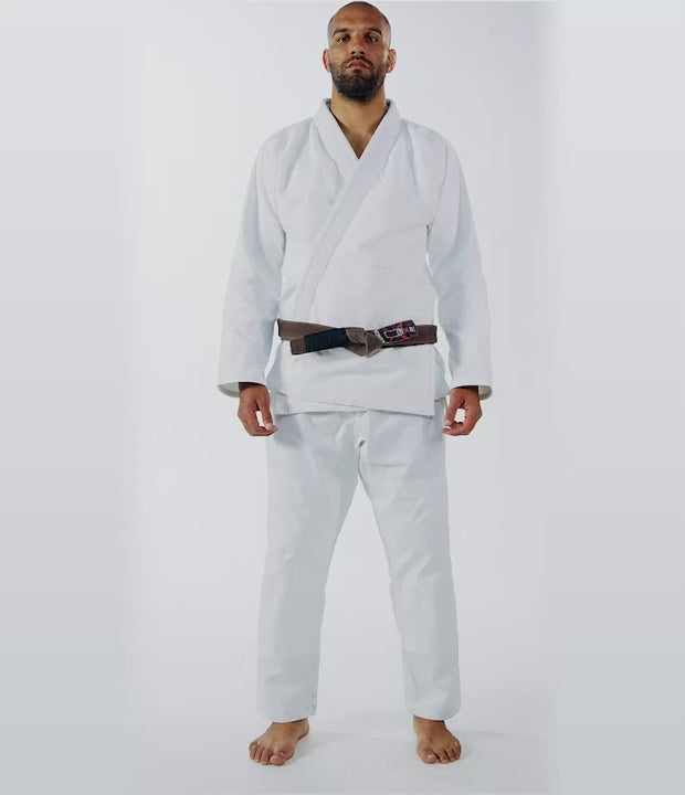 elite sports essential lightweight preshrunk white adult brazilian jiu jitsu bjj gi with free belt demo video