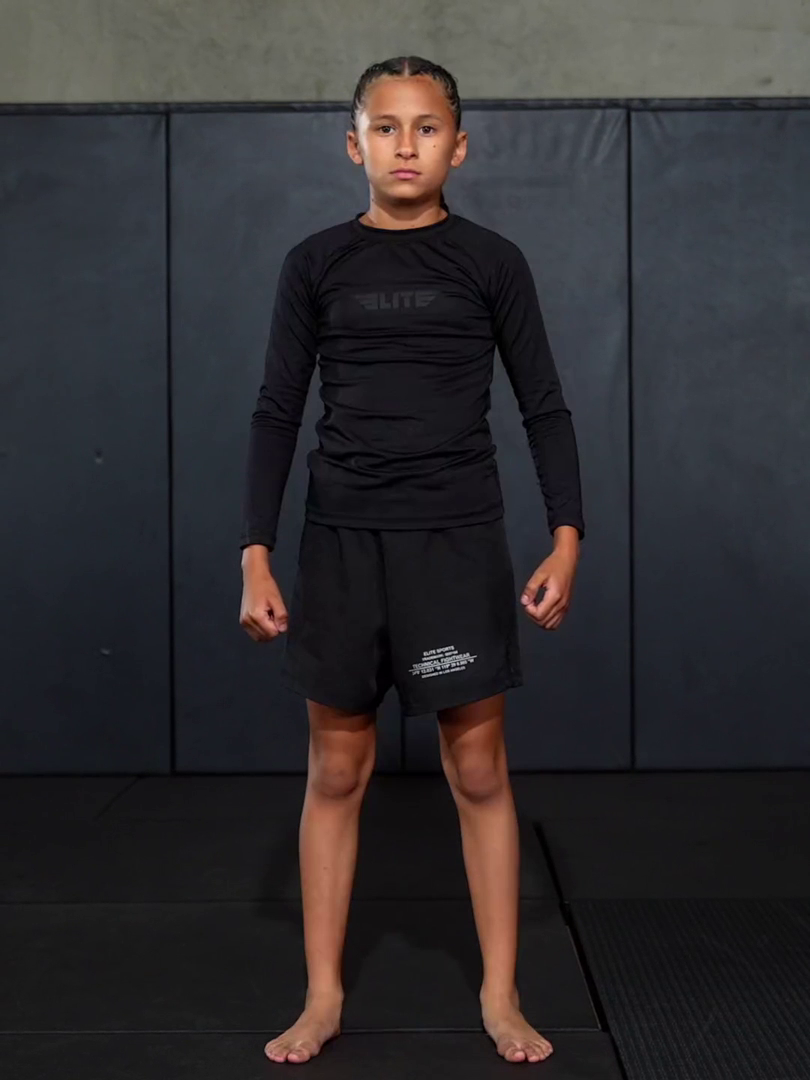elite sports standard black long sleeve nogi kids bjj rash guard demo video