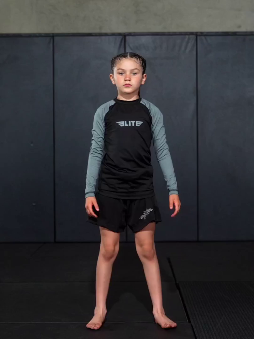 elite sports standard gray black long sleeve nogi kids bjj rash guard demo video