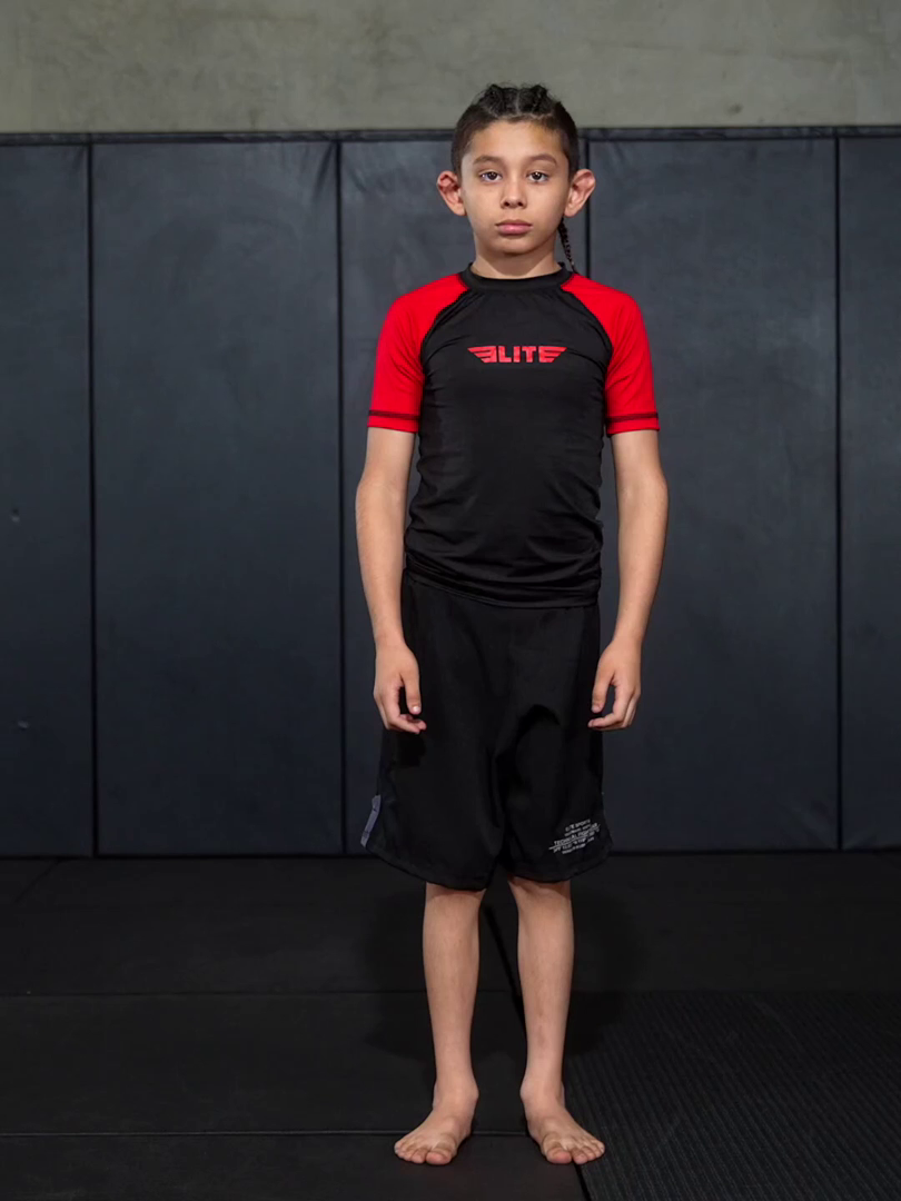 elite sports standard red black short sleeve nogi kids bjj rash guard demo video