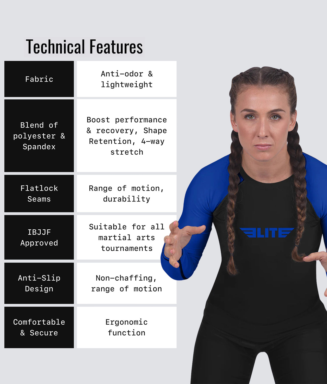 elite sports standard blue long sleeve ladies bjj rashguard technical features