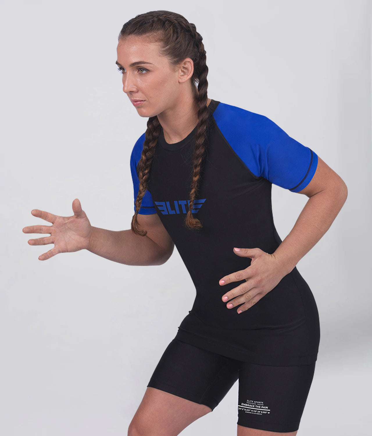 elite sports standard blue short sleeve womens no-gi bjj rash guard flatlock seams