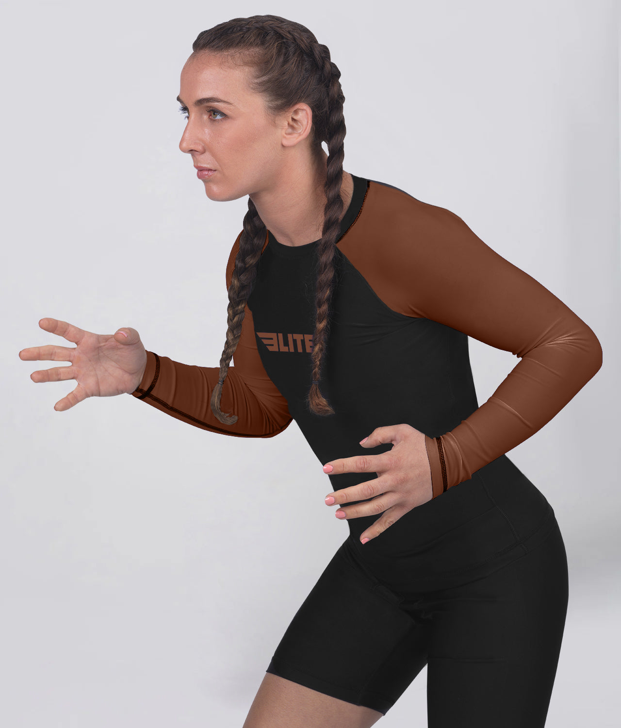 elite sports standard brown long sleeve womens no-gi bjj rash guard flatlock seams