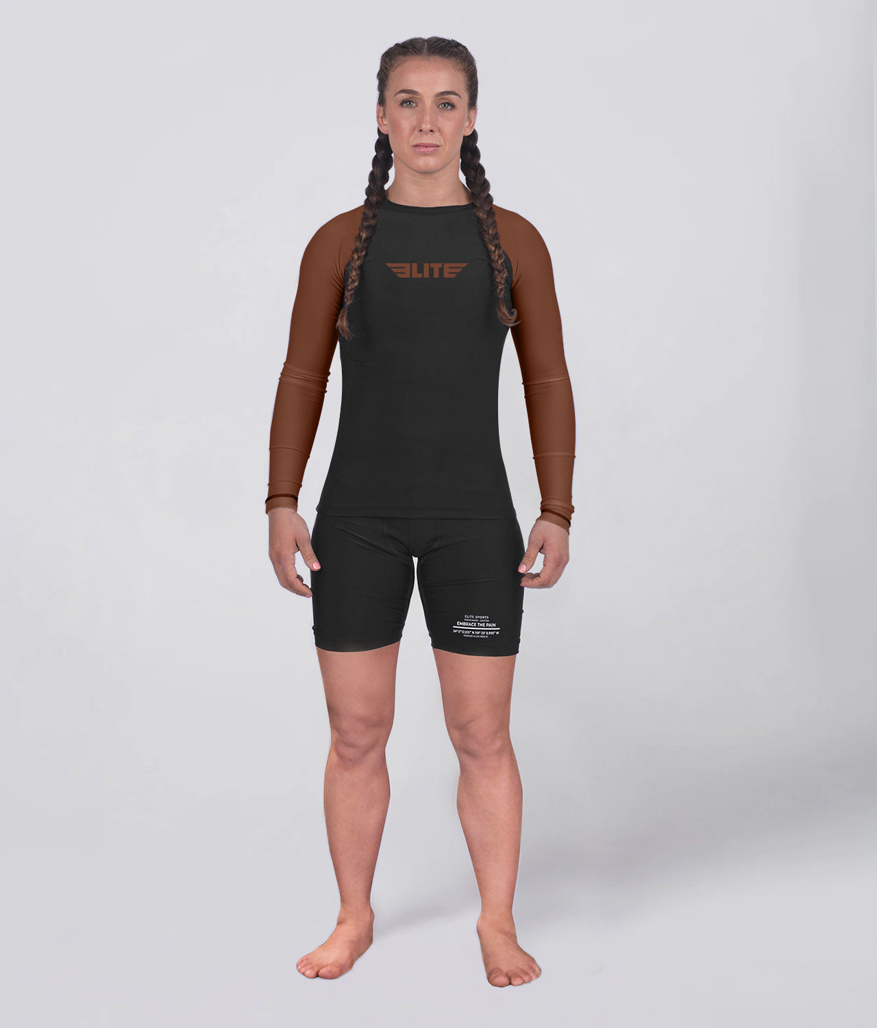 Elite Sports Women's Standard Brown Long Sleeve Jiu Jitsu BJJ Rash Guard Full Look