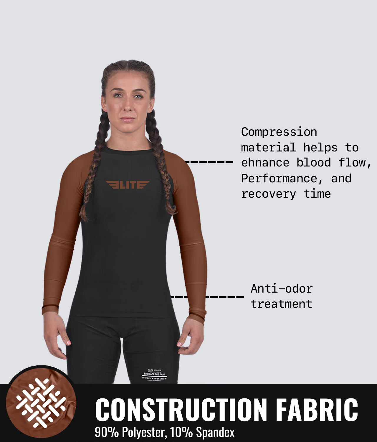 Elite Sports Women's Standard Brown Long Sleeve Jiu Jitsu BJJ Rash Guard Construction Fabric