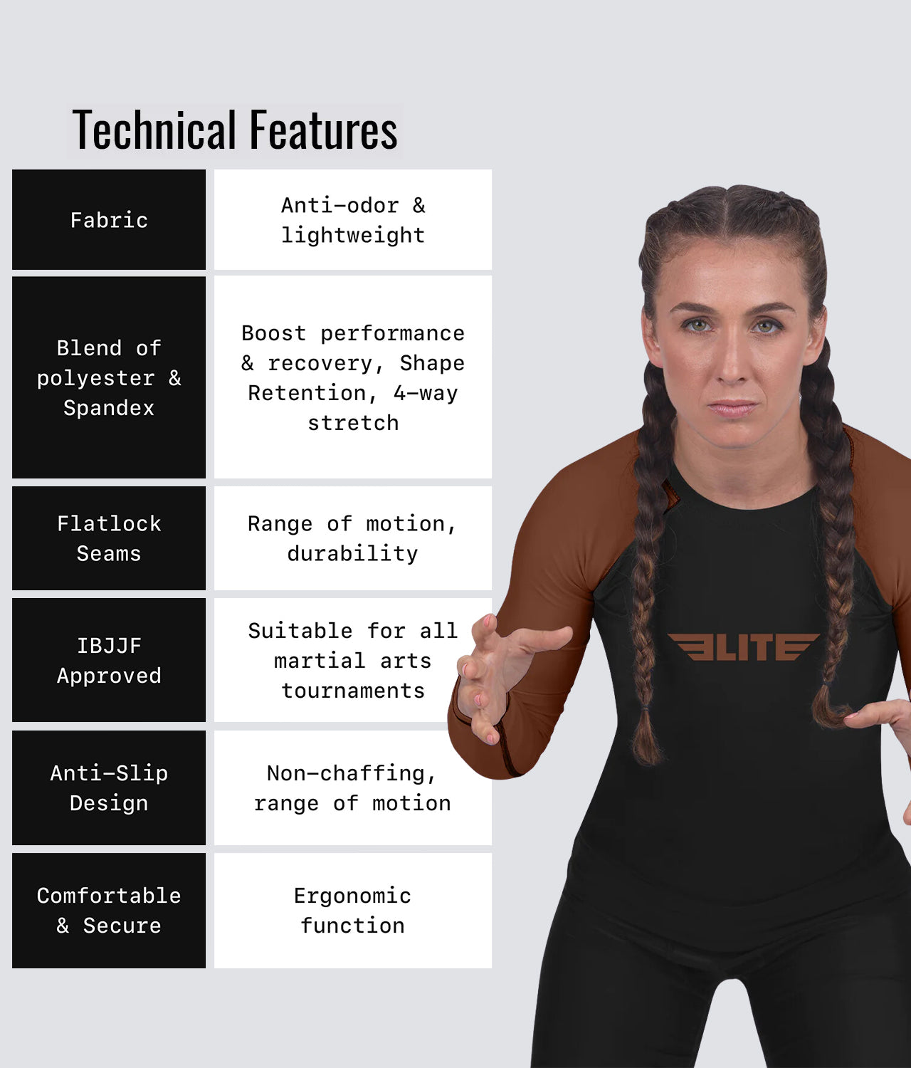elite sports standard brown long sleeve ladies bjj rashguard technical features