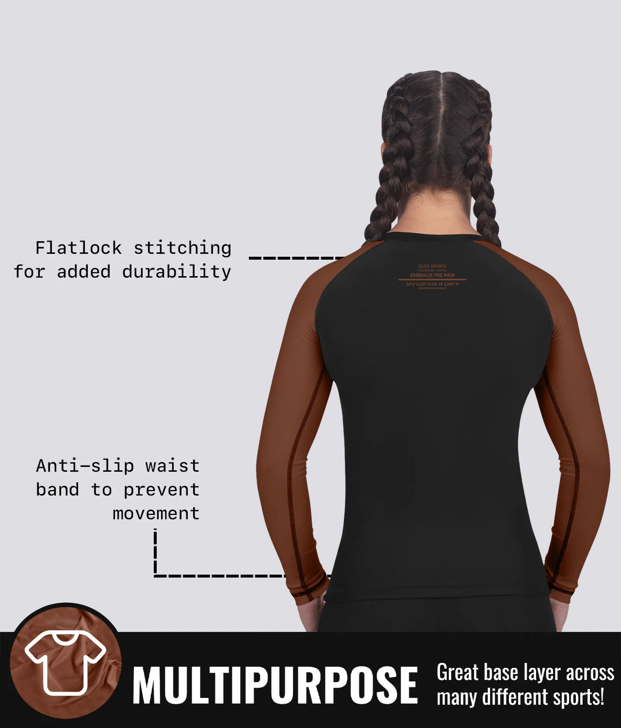 Elite Sports Women's Standard Brown Long Sleeve Jiu Jitsu BJJ Rash Guard Multipurpose